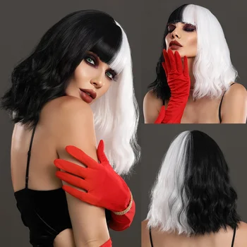 14 цветов NAMM Lolita Bob, черно-белый волнистый парик из прямых волос с челкой Cruella Devil Для женских рождественских париков для косплея на Хэллоуин  5