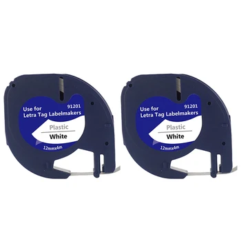 2 упаковки пластиковых этикеточных лент для DYMO LetraTag 91201 черного цвета на белом (12 мм x 4 м) для LT-100H, LT-100T, LT-2000, QX50  0