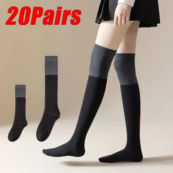 20 пар весенне-осенних носков черного и серого цветов, носки в стиле пэчворк до икр, женские тонкие носки до колен  5