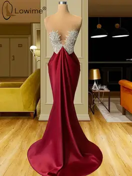 2021 Дубай, Бордовое Вечернее платье Русалки с бисером, Вечерние платья для выпускного с высоким воротом и длинным рукавом для женщин, Свадебное платье для вечеринки  5