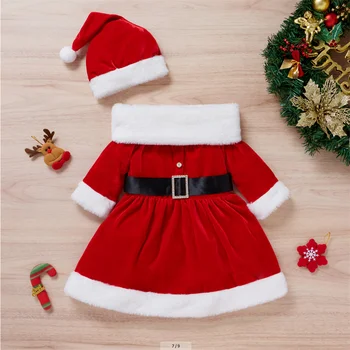 2021 Новый Рождественский комплект фланелевой одежды для девочек контрастного цвета с длинным рукавом и квадратным воротником + Шляпа с мячом + шарф Комплект из 3 предметов  5