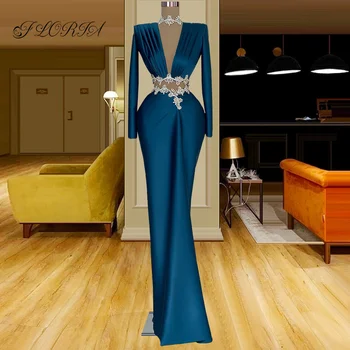 2022 Новейшие мусульманские платья для Выпускного вечера с длинными рукавами Платье знаменитости с Павлиньим синим Кристаллом На заказ Vestidos De Noche  5