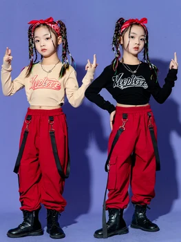 2023 Kpop Одежда для танцев в стиле хип-хоп для девочек, джазовый костюм, укороченные топы, Красные брюки-карго, одежда для уличных танцев, одежда для сцены BL10020  5