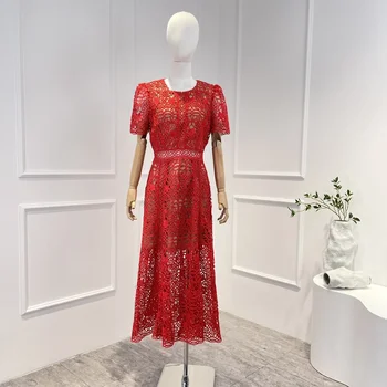 2023 Новая коллекция, Красный Элегантный Гипюровый кружевной лиф, женское платье Миди с открытой талией, женская одежда для вечеринок  5