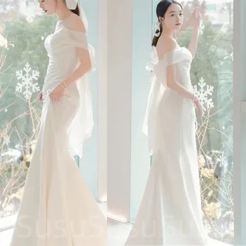 2023 Новое свадебное платье с открытыми плечами, платья для невест с бантом на спине, женские элегантные атласные свадебные платья Русалки, официальные платья для свадьбы  5