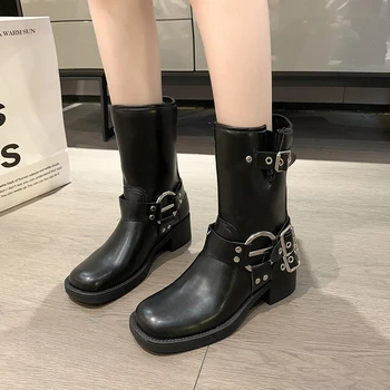 2023 Новые боевые женские ботинки на платформе с пряжкой на каблуке, винтажные модные повседневные однотонные роскошные дизайнерские женские ботильоны в западном стиле  5