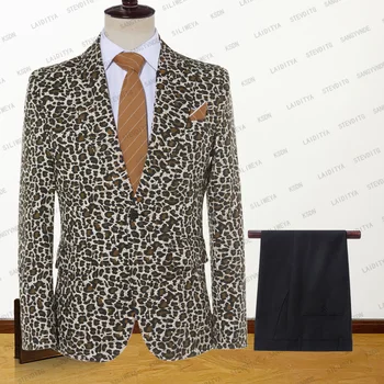 2023 Новые мужские костюмы с леопардовым принтом, деловое вечернее платье с отворотом на одной пуговице, приталенные свадебные куртки для жениха, брюки, комплект из 2 предметов  5