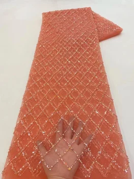 2023 Оранжевый цвет Новейшие бусины Африканское кружево Высококачественные блестки Нигерийский Французский тюль Кружевная ткань Вышивка для женского платья  5