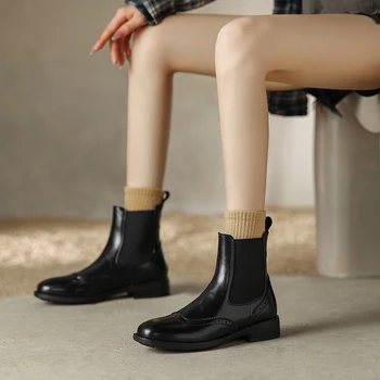 2023 Осенние женские ботинки С круглым носком Женские ботинки из натуральной кожи Ботильоны на платформе Зимние Короткие ботинки Челси  5