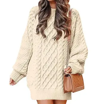 2023 шею рукав витой вязаный толстый пуловер средней иглы длинные платья для женщин свитер   4