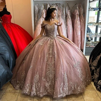 2024 Блестящее Бальное платье, Пышные Платья С открытыми Плечами, Аппликации, Кружево, Бисероплетение, Милое 16-летнее Платье Vestidos XV Años Princess Long  2