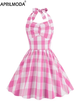 2024 Детские винтажные платья в розовую клетку с высокой талией на бретелях 40-х, 50-х, 60-х годов, летнее праздничное плиссированное платье принцессы с открытой спиной для маленьких девочек  10