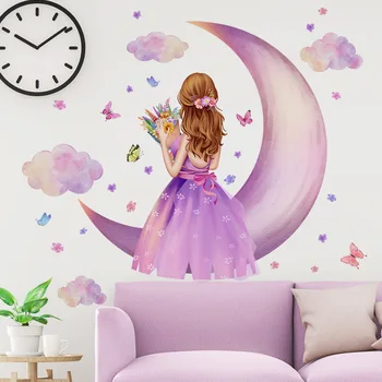 2шт Маленькая девочка, цветок, Бабочка, Луна, фон, наклейка на стену, Планировка спальни, Декоративная наклейка на стену, обои Ms8610  5