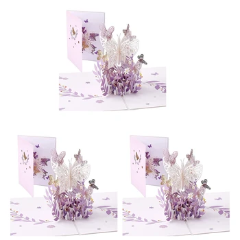 3X Фиолетовая всплывающая открытка с бабочкой на День рождения, корзина с бабочкой, 3D поздравительные открытки для женщин, дочери, День Матери  5