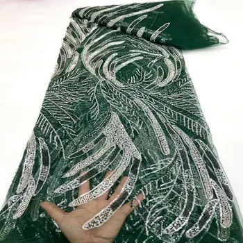 5 ярдов роскошной кружевной ткани ручной работы с бисером, вышивкой блестками, модной французской тюлевой сетчатой кружевной ткани для свадьбы TS2509  5