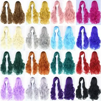 80 см синтетические волосы Длинные волнистые парик для косплея Розовая Роза накладные волосы парики-женские Зеленые парики для женщин Peruk  3