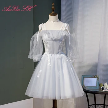 AnXin SH принцесса серое кружево белый цветок бретелька-спагетти маленький бантик с оборками короткое вечернее платье невесты маленькое белое платье  5