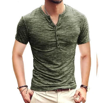 B8263 Мужская футболка Henley с коротким рукавом, стильная приталенная футболка с V-образным вырезом, повседневные мужские футболки, размер США  2