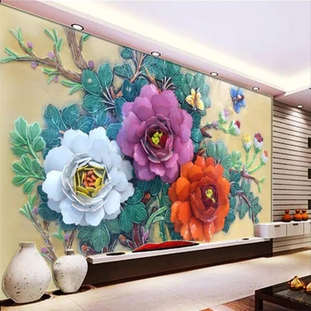 beibehang Индивидуальные большие обои 3d новый китайский рельефный цветок пиона цветущая фреска гостиная ТВ фон обои  5