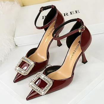 BIGTREE Модные простые женские туфли на высоком каблуке с квадратной пряжкой из горного хрусталя И полые свадебные сандалии  10