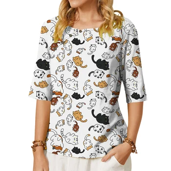 CLOOCL Модная женская футболка с рисунком Маленького кота, футболки с 3D-принтом, футболки со средним рукавом, украшенные пуговицами, Свободные повседневные блузки  4