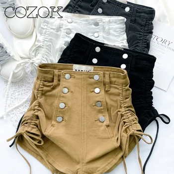 COZOK двубортные джинсовые шорты с высокой талией летние женские 2023 новая версия everything pull rope тонкие широкие брюки hot pants  4