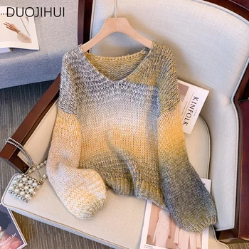 DUOJIHUI, Шикарные осенние женские пуловеры контрастного цвета с V-образным вырезом, свободные Классические модные повседневные простые свитера, женские пуловеры  3