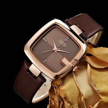 Fashin Gedi Лидирующий бренд, женские Квадратные часы, минималистичные Водонепроницаемые кварцевые Женские Коричневые Кожаные Повседневные Простые Женские наручные часы  5