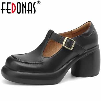 FEDONAS/ женские туфли-лодочки на платформе, модные женские туфли из натуральной кожи с Т-образным ремешком на толстом высоком каблуке, весна-лето, базовые повседневные рабочие  5