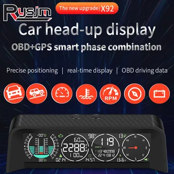 HD X92 GPS HUD Автоматический спидометр OBD Головной дисплей Автомобильный Умный Цифровой интеллектуальный измеритель уровня высоты превышение скорости обороты в минуту Вольтовая сигнализация  10