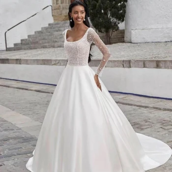 LISER Современные свадебные платья трапециевидной формы с квадратным воротником, блестящие Длинные свадебные платья без рукавов, расшитые бисером, с открытой спиной 2024  1