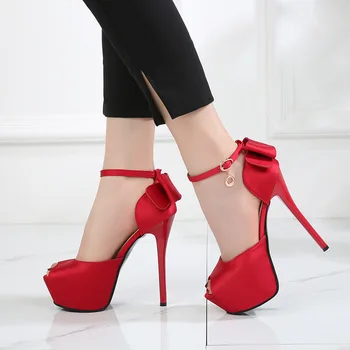 Maogu/ Красные Женские туфли-лодочки на высоком каблуке, женские вечерние туфли на платформе и высоком каблуке, женские туфли на шпильке с галстуком-бабочкой 2023, Женская обувь с открытым носком 34  5