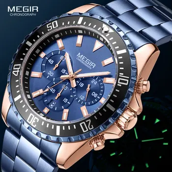 MEGIR Часы мужские из нержавеющей стали синие мужские часы Роскошные водонепроницаемые светящиеся наручные часы Montres hommes Часы мужские Relogio  5