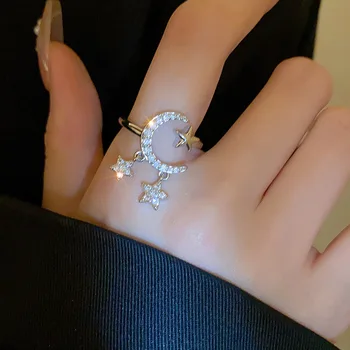 MENGJIQIAO корейский мода Циркон Звезда Луна открытие кольца для женщин простой указательный палец руки украшения регулируемая ювелирные изделия подарки  1