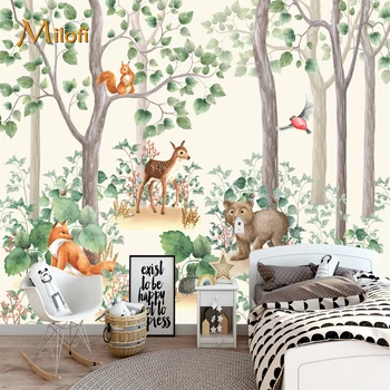 Milofi заказала высококачественную фреску тропические джунгли с жирафом, теплые мультяшные обои для детской комнаты, украшение дома  5