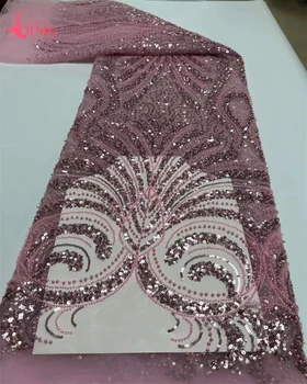 OIMG Африканский бисер ручной работы Кружевная ткань 2023 Высококачественная Французская вышивка Жениха Кружевные ткани с блестками для Рождественского шитья  5