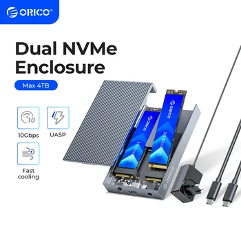 ORICO Двухсекционный Алюминиевый Корпус M.2 NVME SSD USB C 3.1 Gen2 10 Гбит/с Для M Key & M/B Key NVME PCIe SSD С Адаптером Питания 5V4A  0