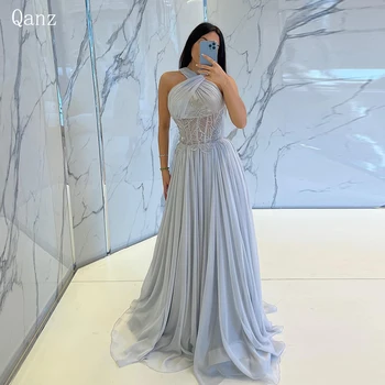 Qanz Арабское шифоновое вечернее платье трапециевидной формы, холтер, складка, Блестящие бусины, кристаллы, Дубайское платье для выпускного вечера, вечерние платья знаменитостей  4