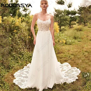 RODDRSYA Свадебные платья с кружевными аппликациями в стиле Бохо, квадратный воротник, свадебное платье трапециевидной формы на бретельках, без спинки, Vestido Novia, Сшитое на заказ  5