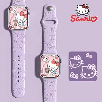 Sanrio Hello Kitty Ремешок для часов Apple 41 мм 40 мм 38 мм 44 45 мм 42 мм Женский Силиконовый Ремешок с эффектом тиснения для Спортивных Часов-браслета  3