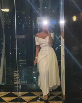 Sapmae С открытыми плечами, трапециевидное платье на молнии из белой тафты с рюшами, Элегантное вечернее платье для выпускного вечера для женщин  4