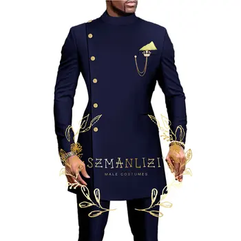 SZMANLIZI Африканский Дизайн Двубортные Мужские Костюмы С лацканами-стойками Темно-Синие Свадебные Смокинги Для Жениха Официальная Одежда Шафера Блейзер Брюки  5