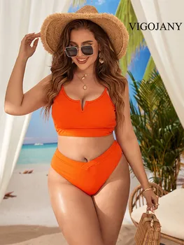 VigoJany 2023 Большие оранжевые купальники Женские Плюс размер, раздельный купальник из 2 частей, комплект бикини с высокой талией, купальный костюм  10