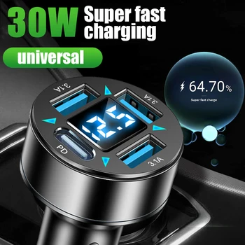 Автомобильное зарядное устройство Blu-ray мощностью 30 Вт 4-в-1 с цифровым дисплеем, быстрое зарядное устройство 3.1A для автомобилей, быстрое зарядное устройство PD, зарядные устройства с цифровым дисплеем для автомобиля  5