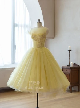 Асимметричные короткие платья из желтого тюля до середины икры с кружевными аппликациями, на шнуровке, сшитые на заказ, длинные роскошные вечерние платья  5