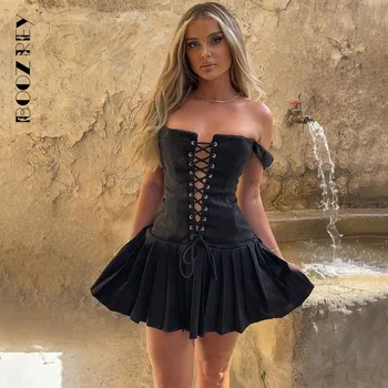 Бандаж BoozRey с открытой спиной Сексуальное мини-платье для женщин, Модное Облегающее плиссированное клубное вечернее платье без рукавов, Vestidos  3