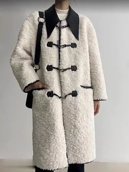 Бежевое пальто из овечьей шерсти Женское зимнее высококачественное пальто с пуговицами из коровьего рога На ощупь Свободное и утолщенное пальто  0