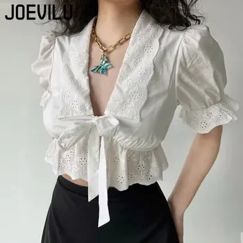 Белая рубашка в дворцовом стиле JOEVILU, сексуальный бандажный кружевной топ с пышными рукавами и вышивкой, женские Корейские модные укороченные топы, Викторианская блузка  4