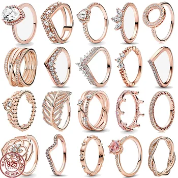 Благородные женские ювелирные изделия из стерлингового серебра 925 пробы, классическое кольцо из розового золота, кольцо-шарм в сияющей короне, изысканный подарок на день рождения  2