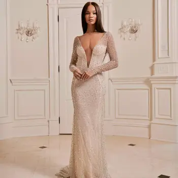 Блестящее свадебное платье Русалки с глубоким V-образным вырезом, блестящий бисер, кристалл, длинный рукав, свадебное платье с открытой спиной, стреловидный шлейф, Vestidos De Novia  1